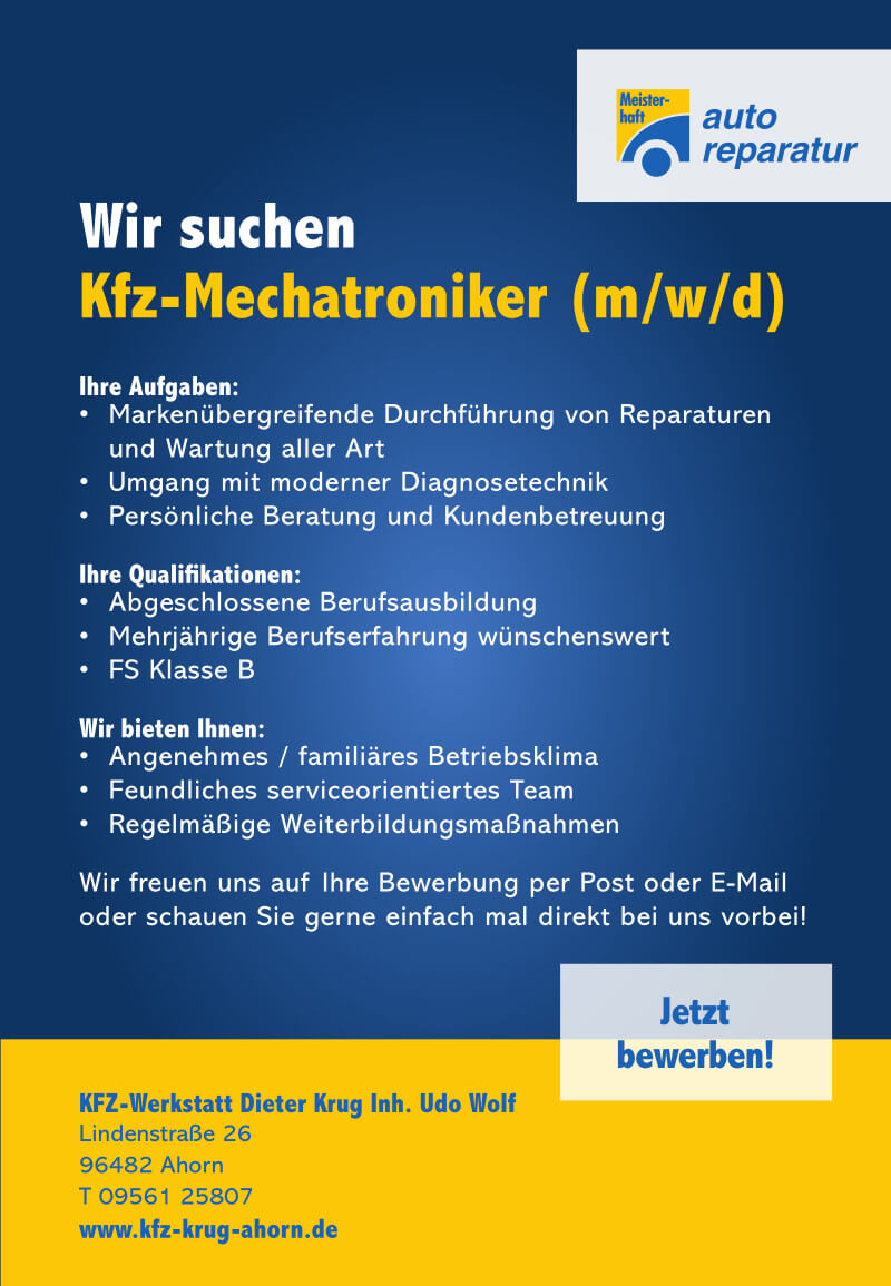 Stellenanzeige von Kfz-Werkstatt Krug Stellenanzeige-Bild von Kfz-Werkstatt Krug
